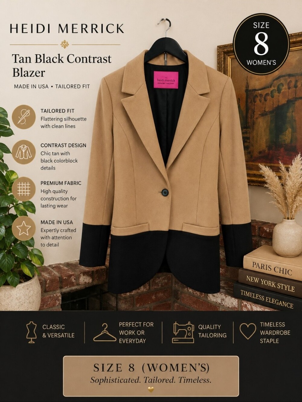 Heidi Merrick Tan Black Contrast Blazer Made in USA Tailored Minimalist Jacket